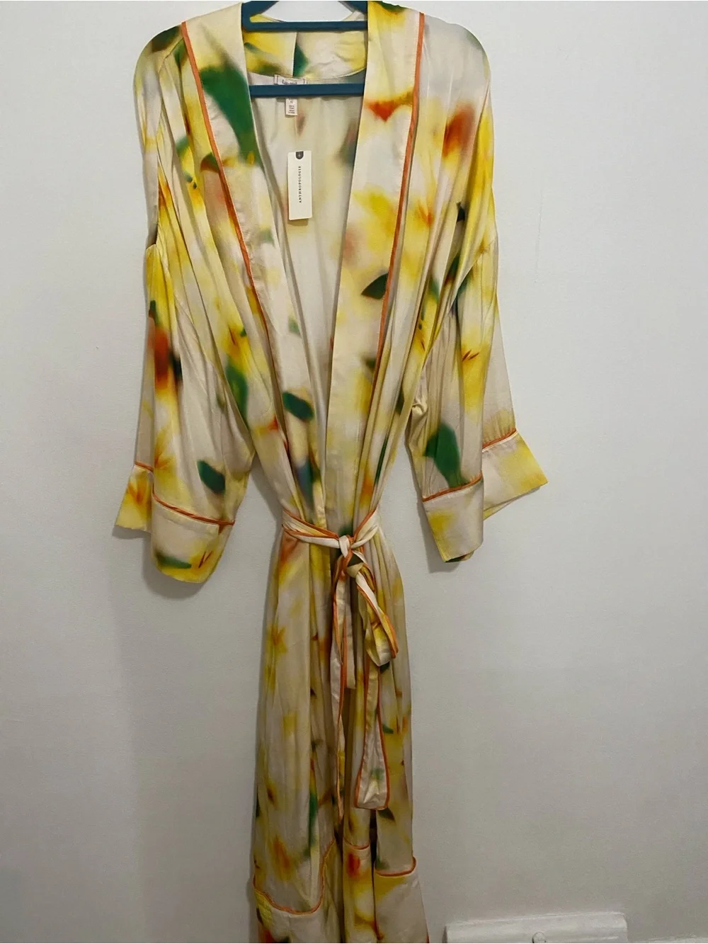 Anthropologie Cream Floral Tie-Waist Robe with Yellow & Green lyrebird